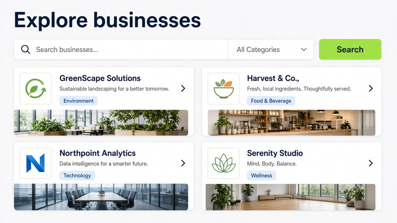 ALAENA Business Directory explore listing interface